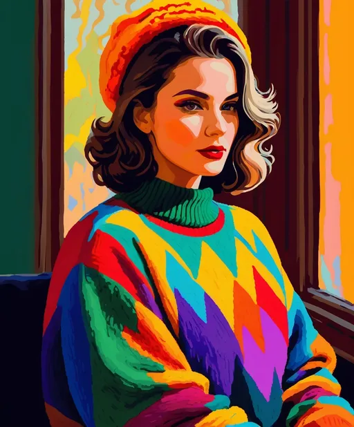 Prompt: lady wearing old ugly sweater in fauvist style 