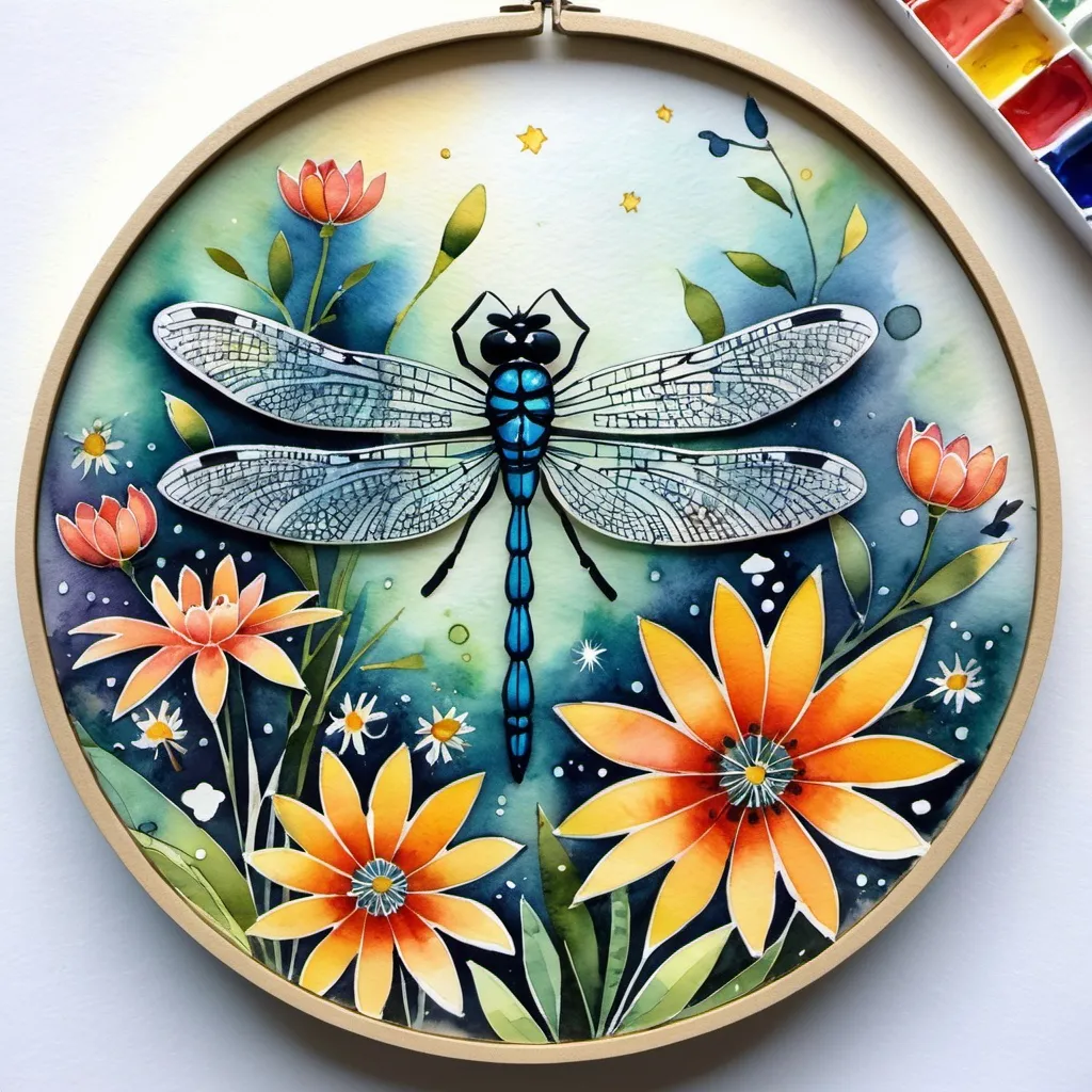 Prompt: watercolor painted flowers with a dragonfly, in the style of intricate storytelling, playful yet sophisticated, circular shapes, MM Creates, i can't believe how beautiful this is, bentocore, letterboxing, MegUSN1, the stars art group (xing xing), brushwork exploration 