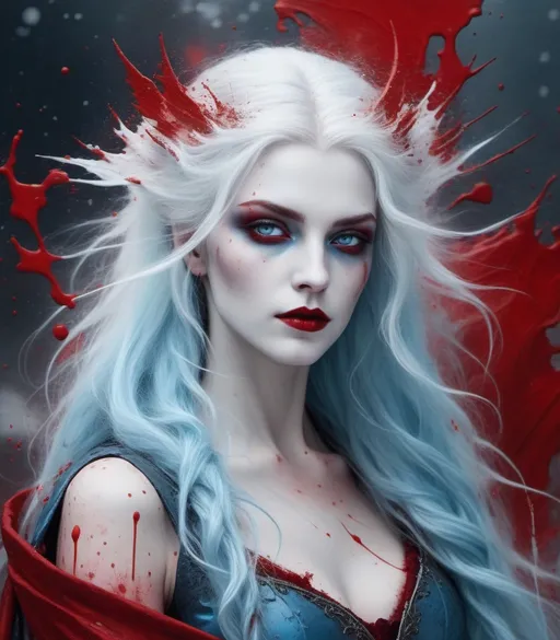 Prompt: medieval grunge vampire goddess, splattered red paint, white wind blown hair, ice blue eyes 