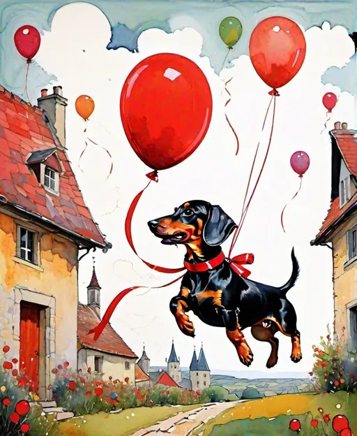 Prompt: A dachshund dog wrapped in red ribbons and being lifted by red balloons while a cute girl laughs about it, whimsical background, dreamy surreal quality, style by Ginette Callaway, Georges Rochegrosse, Sam Toft, J. E. H. MacDonald, Alasdair Gray, Yvonne Coomber, Sergei Diaghilev, Dan Colen, Jan Brett