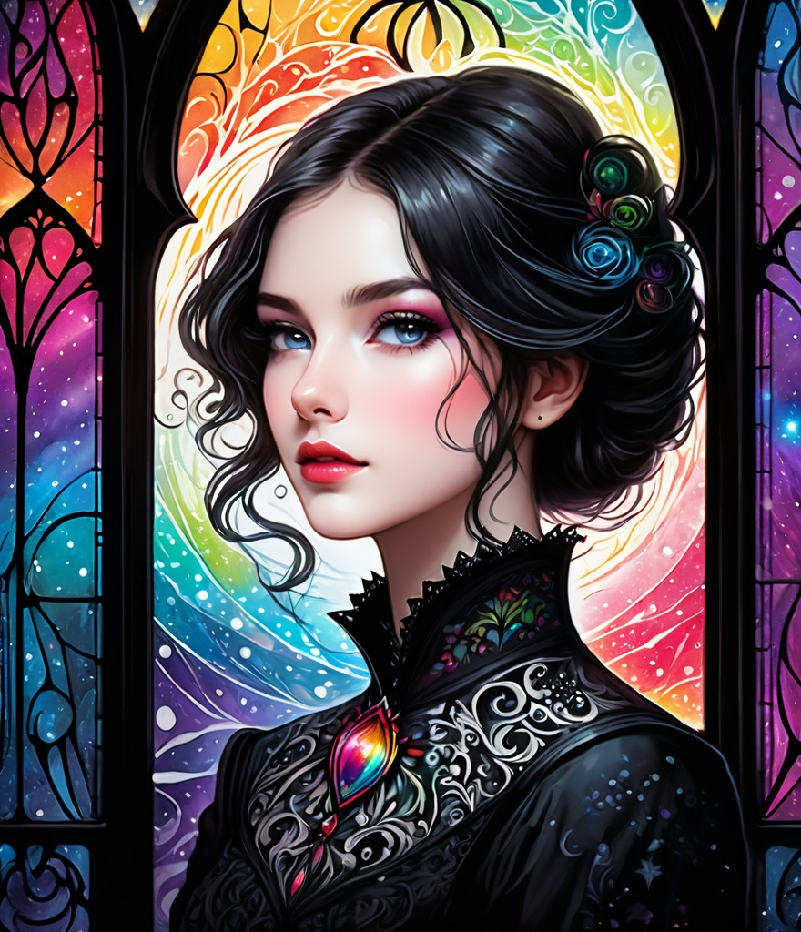 Prompt: a zentangle ferrotype portrait of In a gothic galaxy castle a vampire gazes through a window at the ethereal magic layers swirling in the vivid rainbow solar night in the style of Melanie Delon,  Victoria Francés, Rebeca Saray, Lin Fengmian, Anna dittmann, Justin Gaffrey, Michael Creese