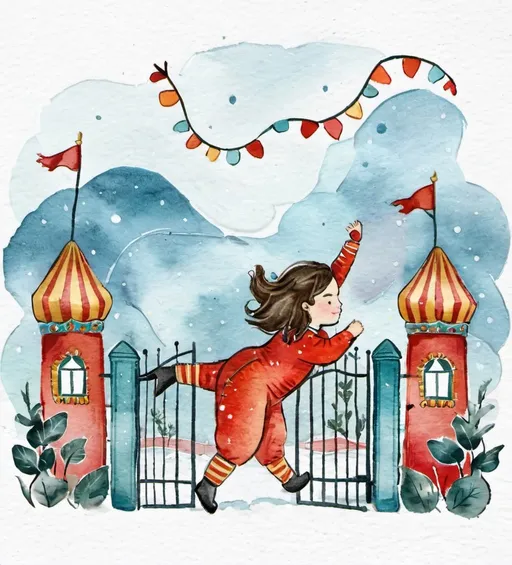 Prompt: Bond girl with blowing hair climbing gate to the Moscow circus with giant animals , in the style of chalcedony folk art-inspired illustrations, bold patterned quilts, pastel colours, bloomcore, mixes painting and ceramics, precise, detailed architecture paintings, cute and dreamy, illustration by Olivia Gibbs, Victoria Ball, ugly sweater patchwork 