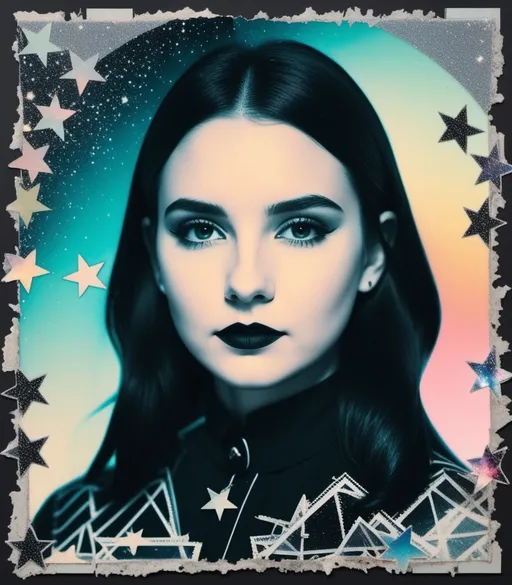 Prompt: a photonegative refractograph of Wednesday Adams made of polaroids collage of Poltergeists, in the style of paper piecing and scrapbooking, sparklecore, gradient highlights, star dust overlay, cross processing, experiential collage techniques, light leaks, expired damaged film, Canon EOS R7, multilayered collage, anaglyphic photo effect, double exposure photo effect