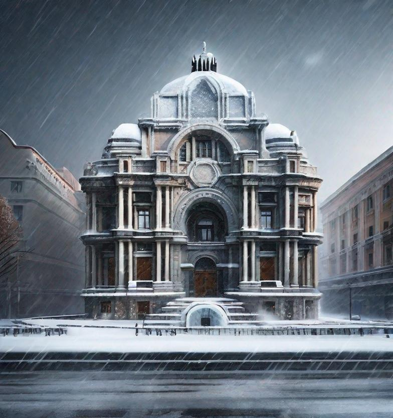 Prompt: An ultra realistic photograph of Bellas Artes México City Building made out of ice, streets full of snow. Snow falling on the streets