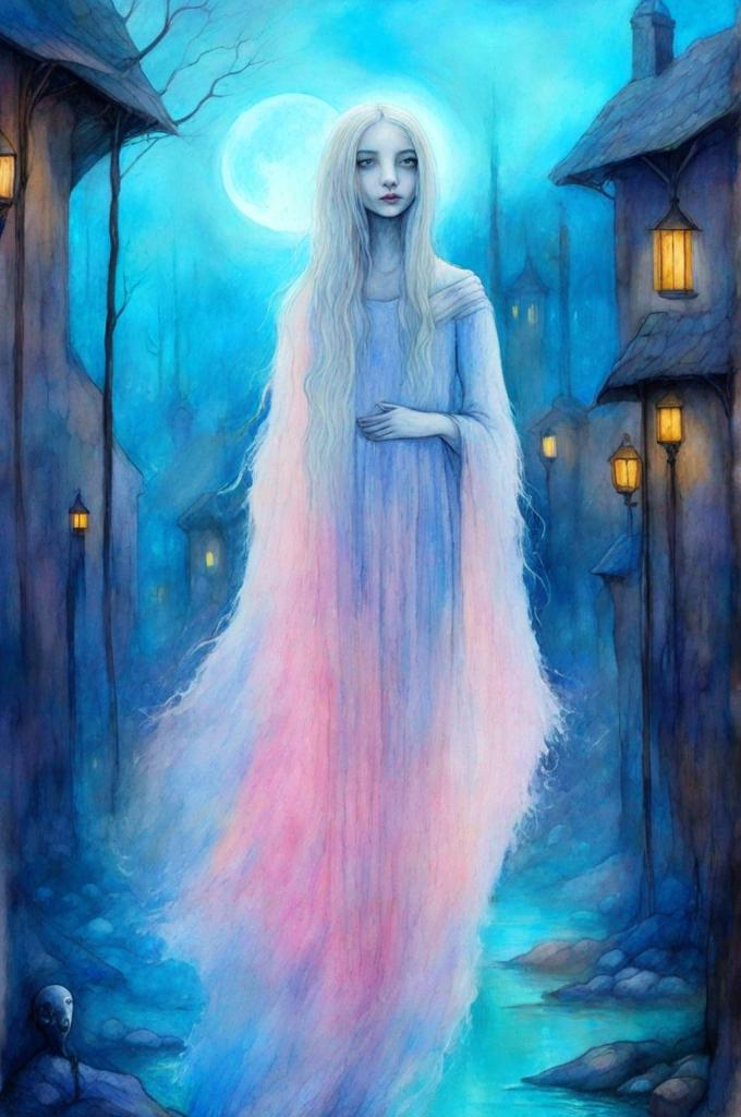 Prompt:  A very pretty dreamy ghostly girl art by John Bauer, Daria Endresen, Lin Fengmian, Elger Esser, Rimel Neffati. 3d, watercolors and ink, beautiful, fantastic view, extremely detailed, intricate, best quality, highest definition