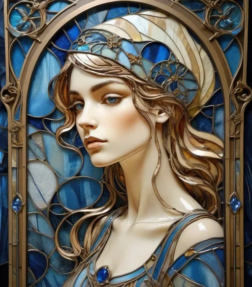 Prompt: art nouveau wallpapers in a collection, in the style of textural mixed media collages, light gold and blue, embroidery art, jewelry by painters and sculptors, porcelain, dusan djukaric, light white and light bronze, stamped lineart with medieval grunge undertones