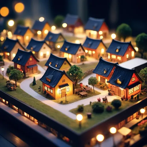 Prompt: tiltshift maquette of a tiny village inside a bentobox, beautiful lights wide view