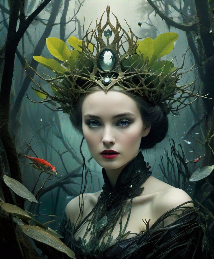 Prompt: swamp beautiful cursed heiress with mangrove crown surrounded by night creatures, art by Erwin Blumenfeld, Yoann Lossel, Meret Oppenheim, Caras Ionut,  Dan Hillier, Peter Lippmann, Abigail Larson, Henri Fantin-Latour