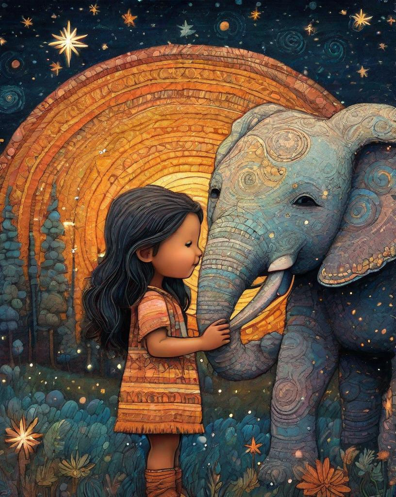 Prompt: The little native American super cute girl holding her star magic wand posing with her cute elephant friend. In style of james r eads and Sam Toft. Naive art, 3d, extremely detailed, intricate cinematic lighting, high definition 