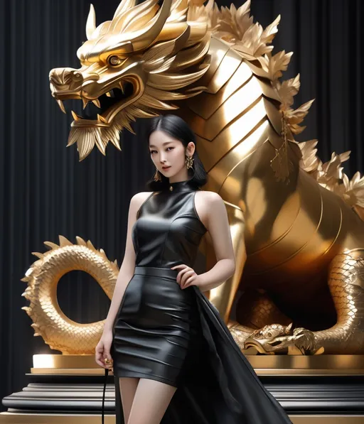Prompt: a pretty young woman in a leather skirt posing next to a statue of a deity, in the style of hyper-realistic details, chinapunk, vray, dark academia, dragon art, light beige and black, realistic images *Gold Leaf 