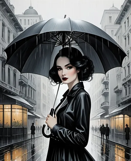 Prompt: illustration of a pretty young lady holding an umbrella, in the style of surrealist-inspired works, gothic neo-pop surrealism, louis icart, Hayv Kahraman, Troy Brooks, Lucien Clergue, Cathy Horvath Buchanan, Alan Aldridge, Lotta Jansdotter, vienna secession, dark white and black, raining day, metropolis tall buildings background, intricate flowers, jewelry by painters and sculptors, elegant, emotives faces, goth fashion, subtle playfulness