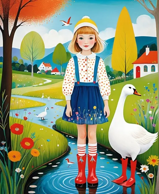 Prompt: art Style By Paco yao, Florine Stettheimer, Dina Wakley, Elisabeth Fredriksson:, a pretty cute girl and a goose wearing colour rubber boots in a whimsical landscape 