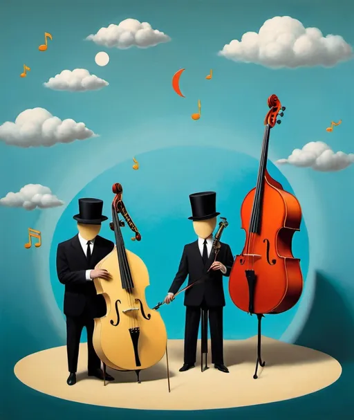 Prompt: Illustrate a whimsical surrealist scene where musical instruments transform into sartorial elements, paying homage to René Magritte