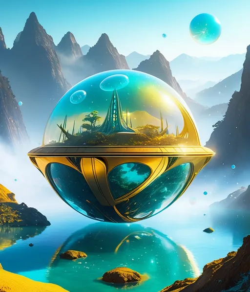 Prompt: Articulated solarpunk starship lands on oozing ancient robotic starfish alien stumbling through solid-state enclosed from the surface of a soap-bubble mountainous gaseous neon ocean growing from a dewy nebula of nanoparticle bucolic fog . Gold leaf Insanely detailed realistic uniview catalogue Chromotype panoramic landscape photo Unreal Engine 5 Myst render.