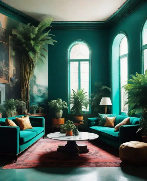 Prompt: A surreal minimalsim Parisian living room, depicted in oil on canvas by Ruan Jia, alfremov leonid , Jules Bastien-Lepage, Swoon, now infused with constructivist glitch art. The room, filled with houseplants and deep-teal, bright ochre colors, portrays an overcast Parisian atmosphere with nature details, disrupted by digital elements and abstract shapes. 1209 1212a constructivist glitch art fashion editorial Helmut newton, SLim aarons, appalachian vaporwave paris shimmering, masterpiece human bodies intertwined in a brutalist liminal space temple , in style of slim aarons, h.r. giger, Escher 