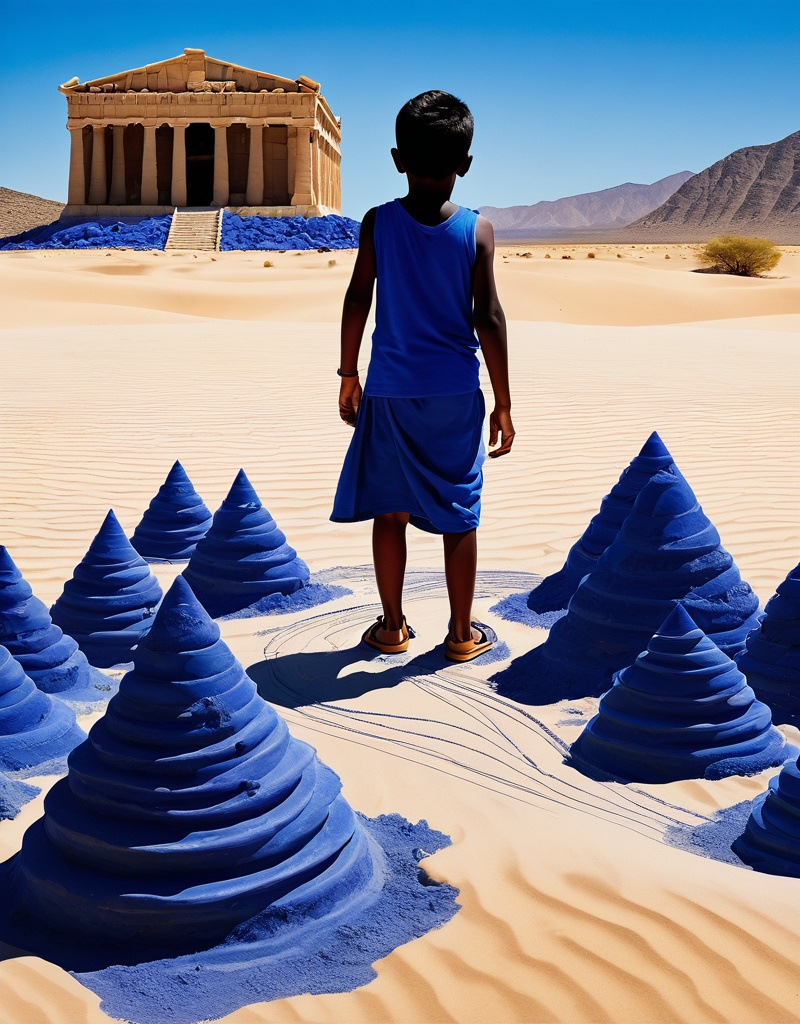 Prompt: A large mysterious forboading Greek temple made from indigo marble rises from a sandy dessert landscape::3 In the midground there are abandoned houses made from indigo stone, washing lines with large indigo patterend cloths flow between these houses:: In the foreground a innocent child (age 3) covered in indigo-coloured sand discovers an amathyst gemstone between the stones, the gem is eminating a surreal light::5 the scene is a filled with a sense of horror, forboading and wonder highly detailed, streetphotography with magnetic energy, Photo taken with Fuji Tx5, 27mm camera, shutterspead 400, iso 400, appature 9.0, cinamatic lighting 