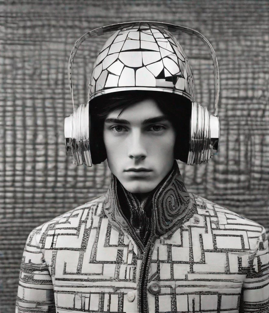 Prompt: sartorialist amphibian boy in laser etched headgear and laser beam hair in fornasetti style, by laurie simmons, minimal male figure, niji style