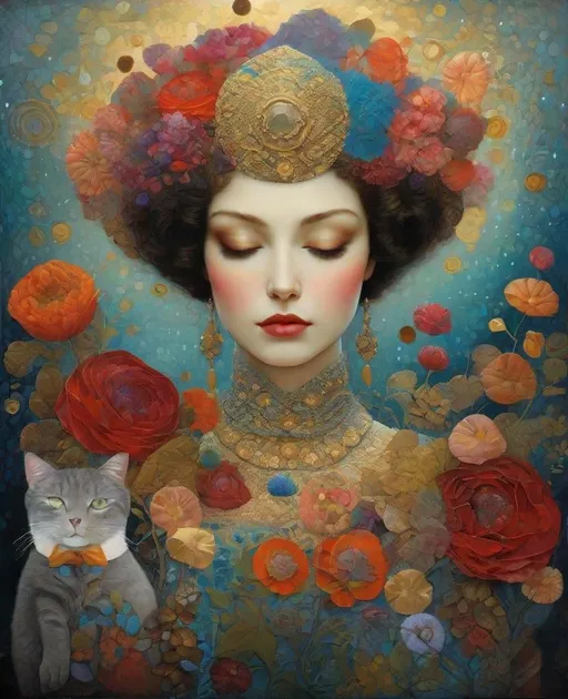 Prompt: inspired by Catrin Welz - Stein, Victor Nizovtsev, Gustav Klimt, highly detailed and elegant painting, organic surrealistic shapes, exquisite composition, intricate detail, ultra maximalism, flowers