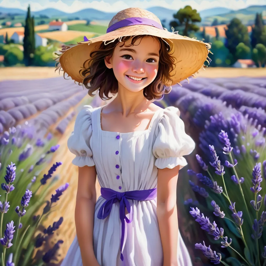 Prompt: an floral farm densely planted with blurple lavender in wide open space, a tanned and smiling girl in white dress and straw hat standing in the middle of farm, portrait, close up image. the lavender farm (no path) last a long distance in the background, wide shot, beautiful weather, impressionism by Cezanne 