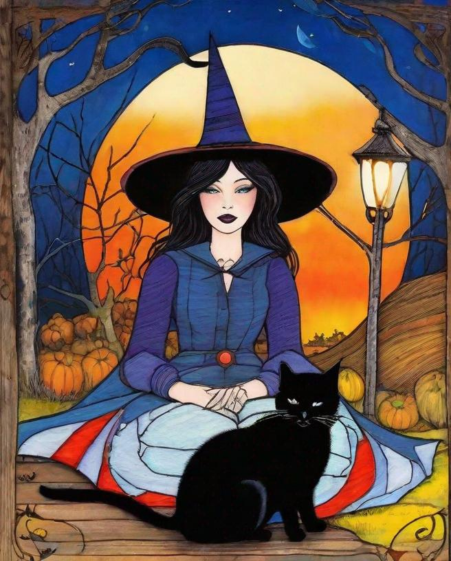 Prompt: A lovely witch with pretty face and beautiful eyes and her black cat art by Sam Toft, Deborah Azzopardi, Marc Allante, Axel Scheffler, Charles Robinson, pol Ledent, endre penovac, Gustave Loiseau. inlay, watercolors and ink, beautiful, fantastic view, extremely detailed, intricate, best quality, highest definition, rich colours. intricate beautiful, award winning fantastic view ultra detailed, 3D high definition