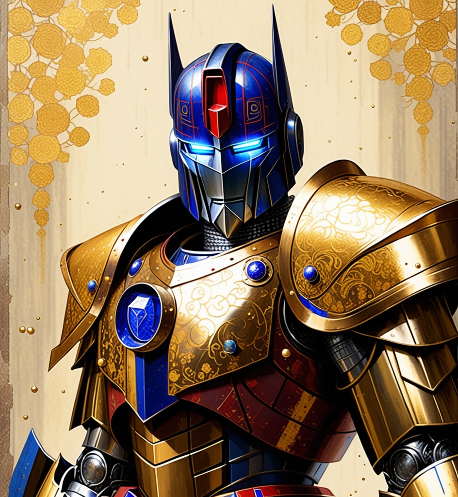 Prompt: A medieval grunge Optimus Prime knight in Klimt style 