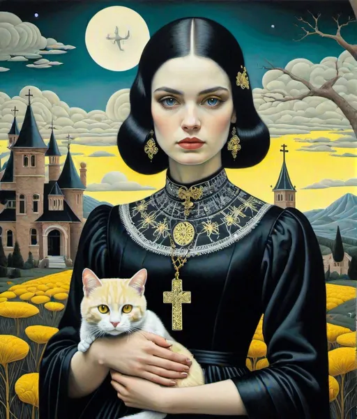 Prompt: Ghostly eccentric young lady, wearing a strange black dress with white cross stitches, she is holding a creepy cute yellow cat, Vladimir Tretchikoff, Ruben Ireland, Paolo Uccello, a surreal dreamy landscape background by Sam Chivers, piercing odd colored eyes