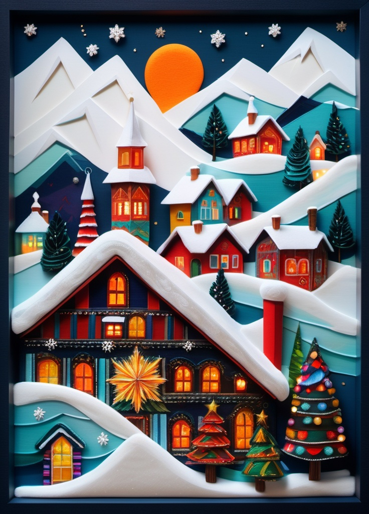 Prompt: 3d soft vivid winter ornaments folk art acrylic oil, constructivist glitch art, diorama, german Christmas scene, warm lights in the windows, extremely volumetric, silk ribbons embroidery, beadwork, intricately textured, in the style of heavy impasto texture, gorgeous best ever masterpiece, volumetric 