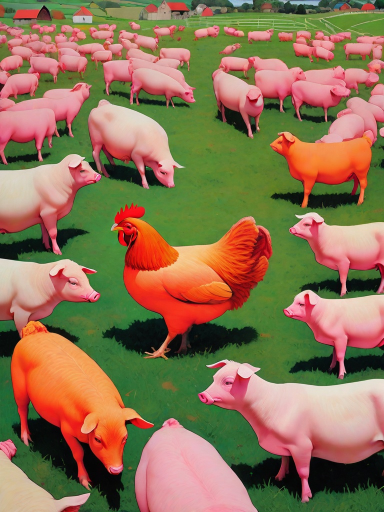 Prompt: strangely beautiful plump metaphorical chicken doily twin sisters on a farm in France, with dayglo color blocking, surrounded by pigs, sheep, and cows, constructivist glitch art by the Coen Brothers, Limbourg brothers, Elina Brotherus 