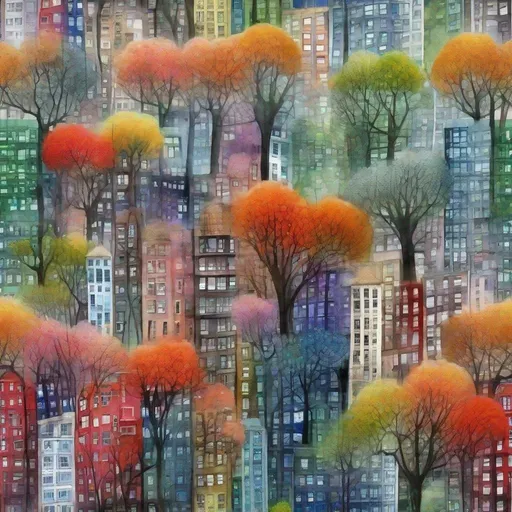 Prompt: A beautiful dreamy city , tall buildings with whimsical fused glass trees Illustration art by Carsten Meyerdierks, Marimekko, Lee Madgwick, Ryan McGinness, Mary Fedden, Yvonne Coomber. 3d, watercolors and ink, beautiful, fantastic view, extremely detailed, intricate, best quality, highest definition, rich colours