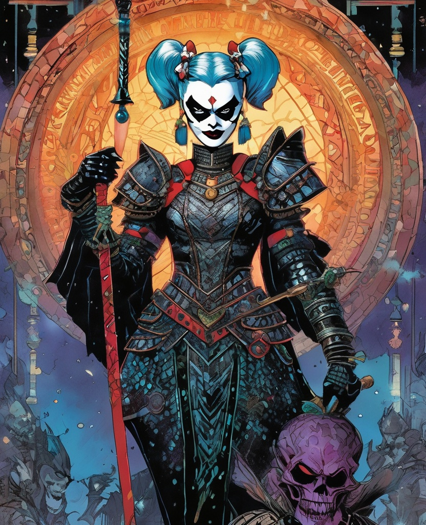 Prompt: harley quinn, yakshagana armor with geoglyph engraves, in the void, with a lumino kinetic glowing spells, comics cover by geof darrow, faerietale couture, dark fantasy, hypermaximalist watercolor