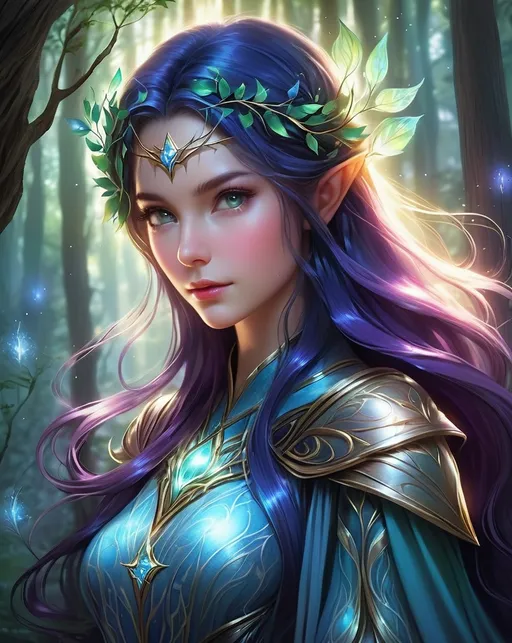 Prompt: a captivating scene set in a twilight forest, where a mystical elven maiden encounters a will-o'-the-wisp. This elf, draped in shades of twilight blues and purples, exudes an aura of enchantment. Her features are delicate yet striking, with hair cascading like a waterfall of starlight, and eyes that reflect the deep mysteries of the forest. She reaches out to a will-o'-the-wisp, a glowing orb of light dancing in the air with an ethereal grace. The will-o'-the-wisp, radiating a spectrum of iridescent blues and greens, illuminates the surrounding flora, casting otherworldly shadows and creating a mosaic of light and darkness. The elven maiden's attire, a blend of natural elements and ethereal fabrics, moves with a life of its own, mirroring the fluidity of the forest. Intricate patterns of leaves and stars adorn her dress, and she wears jewelry that twinkles like dewdrops under the wisp's light. The forest itself is a character in this scene, with ancient trees arching overhead, their branches forming a canopy that filters the last rays of the setting sun. A gentle mist rises from the forest floor, adding a dreamlike quality to the setting. This image should capture a moment of connection between the elven maiden and the will-o'-the-wisp, portraying a story of wonder, curiosity, and the deep bond between nature and the mystical. The overall atmosphere is one of serene beauty, combining the magic of the elf and the will-o'-the-wisp with the tranquility of the twilight forest." This prompt aims to create a visually stunning and magical scene, focusing on the interaction between an elven maiden and a will-o'-the-wisp in a beautifully rendered twilight forest setting. 