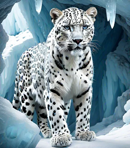 Prompt: Snowy white leopard, standing in an ice cave, medieval grunge, fantasy, digital painting, art station, hyperrealistic photography computer graphics, real rendering, photorealistic, intricate details, detail, sharp focus, Ultrarealistic, 16k