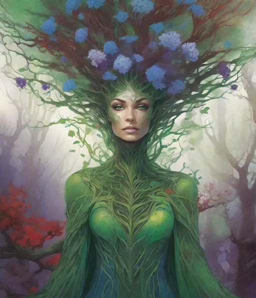 Prompt: anthropomorphic green tree lady, colorful roots grow like veins all over her body with blue and purple flowers, wild red branches grow from her head like a hair, grey eyes concept art by Alex Ross, Ida Rentoul Outhwaite, Alex Pardee, tom bagshaw, Melanie delon, Millie Marotta, Jackie Morris, Javier Mariscal, Jane Newland, closeup, whimsical forest background , magical night, surreal dreamlike portrait, fantasy, imaginative, beautiful, colorful, extremely detailed, intricate, lovely, award winning fantastic