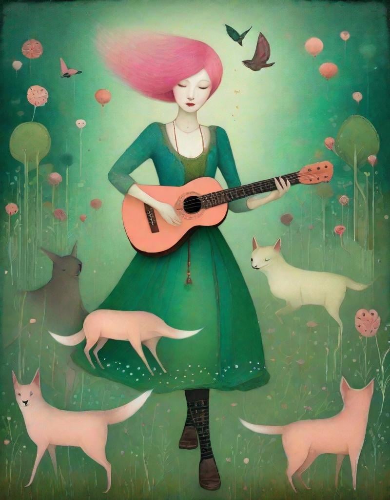 Prompt: The wandering girl wizard, with wild ombre gradient pink blue hair , plays a whimsical tune on her guitar, wearing a green and peach colored dress, surrounded by cute animals, STYLE: by Gabriel Pacheco, by Catrin Welz-Stein, by Kathleen Lolley, by Tara McPherson