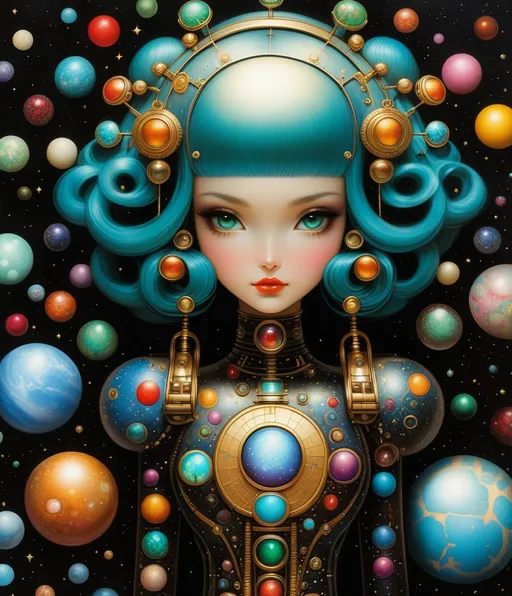 Prompt: supermodel Gia as the perfect heliocentric femmebot mixing art styles from Jamie Hewlett: Nicoletta Ceccoli: Jasmine Becket Griffith: Junji Ito: Rumiko Takahashi: Takashi Murakami: Yoji Shinkawa: Basquiat: Arthur Rackham: 21st century blockprint collage archetype of cybernetic fractalized gemstone encrusted materials textures, cinematic pov 