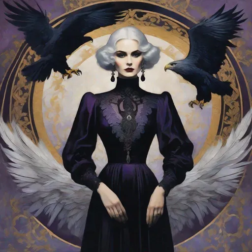 Prompt: Use style of Kees van Dongen, Omar Galliani, Maciej Kuciara, Sue Reno: Dim lighting, Gloomy atmosphere, Gothic pale woman with dark silver hair and violet eyes, surrounded by a circular formation of nine realistic, solemn big eagles with detailed feathers. The woman is centered and wears a long lace black dress with a high neck and long sleeves. Her attire includes an intricate golden embroidery with an elaborate design. The background is a smooth, dark gradient with subtle golden elements that echo the top arch of a halo or ornate frame.