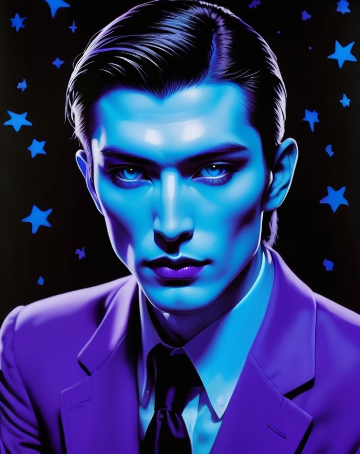 Prompt: handsome charming vampire of mongolia in vivid neon blurple color, fornasetti style, by laurie simmons, minimal male figures, starry nights 
