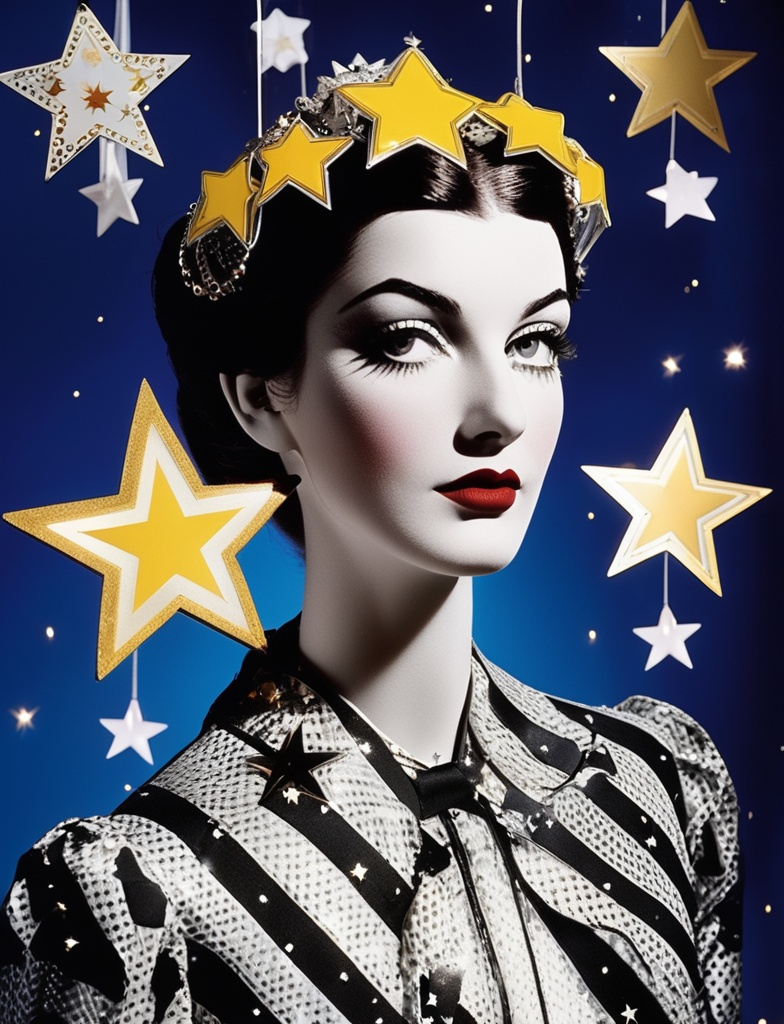 Prompt: vaudeville girl with asterism stars in fornasetti style, by laurie simmons 