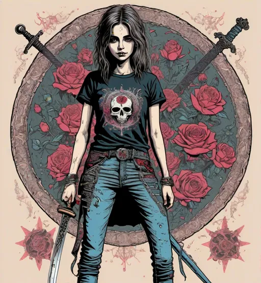 Prompt: Gig posters, art prints, graphic print, screenprint. A 1990’s grunge girl standing with a sword in one hand. Wearing a t-shirt that reads "Princess" and old trainers. Alternative, indie, medieval grunge, grunge aesthetic. Trippy, Psychedelic. Print in the style of Grateful Dead, Rhys Cooper, intricate details, sharp, hyperdetailed