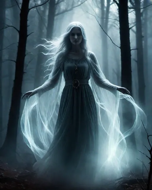 Prompt: ghastly ghostly woman will-o'-the-wisp, translucent, glowing ethereal, grimdark Foggy Forest background 