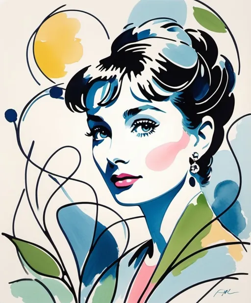 Prompt: A minimalist single line sketch that uses Marc Chagall's dreamy palette to celebrate Audrey Hepburn's ethereal beauty. This artwork employs a continuous line, draped in soft, pastel colors, to outline Hepburn's poised figure and gentle expression, evoking her spirit and iconic fashion sense. The use of color adds a whimsical, almost fairy-tale quality to the piece, inviting viewers to engage with Hepburn's legacy through a vibrant and enchanting visual narrative.