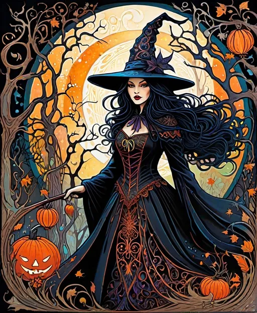 Prompt: a witch with a molten filigree roots moire pattern,evil,demonic, witchcore,refreshing spring aesthetic, style by Art by Ginette Callaway, Georges Rochegrosse, Sam Toft, J. E. H. MacDonald, Alasdair Gray, Yvonne Coomber, Sergei Diaghilev, Dan Colen, Jan Brett