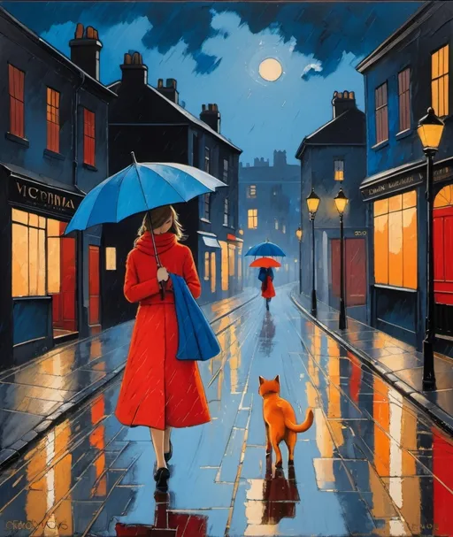 Prompt: Victoria Crowe, Wilhelmina Barns-Graham, textured naive art oil painting depicting a girl wearing a red Peach dress and blue scarf walking in the rain at night while holding a blue umbrella, accompanied by street cat. The background street is illuminated by a warm glow from streetlights, reflected on the wet pavement mingling with vibrant fallen leaves. The style is impressionistic, with heavy, visible brushstrokes and a rich, contrasting color palette dominated by shades of blue, gold, and hints of red. The setting appears to be in an urban environment with building silhouettes in the background.