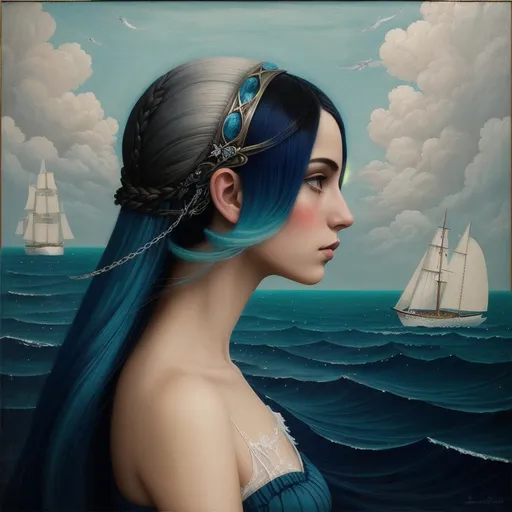 Prompt: In style of christian Schloe and daria Petrilli, profile portrait of a a beautiful young lady with a very long and wild  ombre gradient blue hair that flows like a sea and there are sailing boats and fishes in it. Double exposure, Naive art, extremely detailed, optical illusion, oil painting 