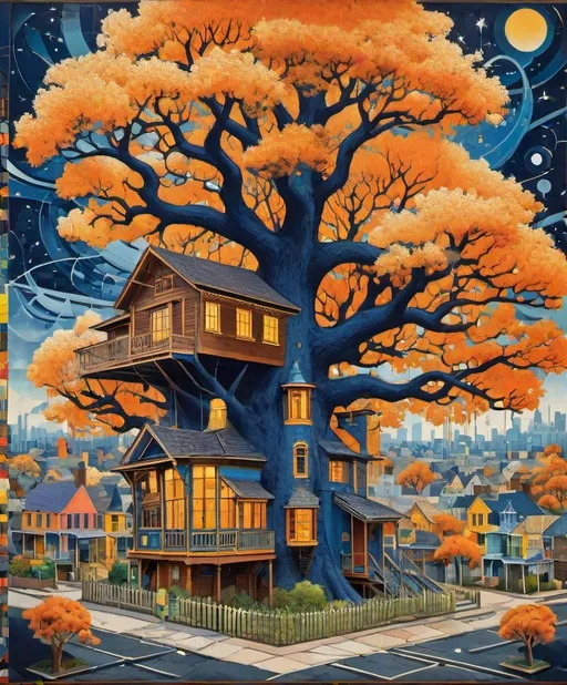 Prompt: Oak tree house datamosh by mark wright, in the style of assemblage of maps, american prints 1880–1950, colorful street murals, dissected books, large canvas sizes, light orange and indigo, human connections