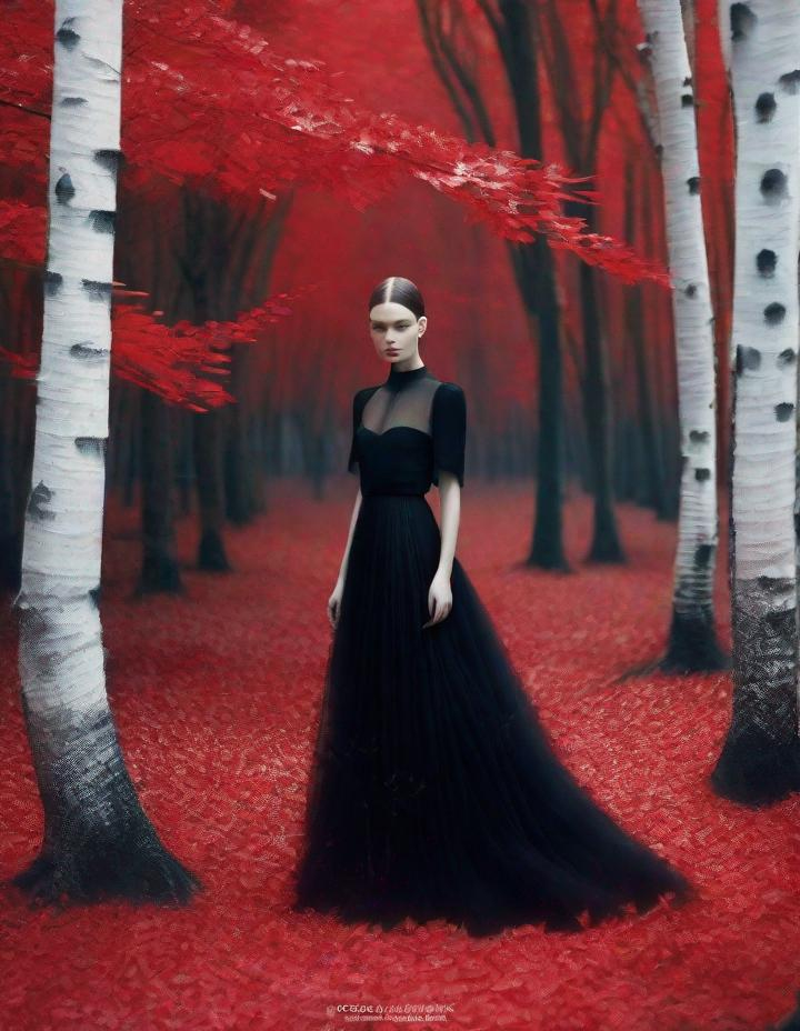 Prompt: A beautiful young lady, beautiful face, wearing opalescent black dress in a ghostly forest of white stem trees with red leaves, god rays through the tees, rim lighting, art by Mariano Vivanco,  Yves Saint-Laurent, Paolo Roversi, Thomas Edwin Mostyn, Hiro isono, James Wilson Morrice, Axel Scheffler, Gerhard Richter, pol Ledent, Robert Ryman. Guache Impasto and volumetric lighting. 3/4 portrait, Mixed media, elegant, intricate, beautiful, award winning, fantastic view, 4K 3D, high definition, hdr, focused, iridescent watercolor and ink