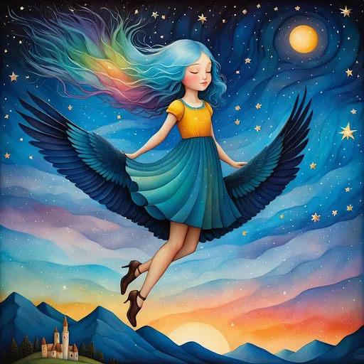 Prompt: In style of christian Schloe and daria Petrilli, a beautiful cute girl with a very long and wild  ombre gradient blue hair flying in a colorful giant bird back in a beautiful starry sky. Craquelure, egg tempera effect , Naive art, extremely detailed, optical illusion, oil painting 