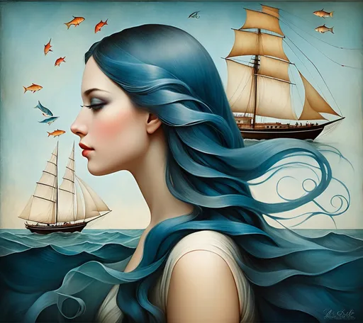 Prompt: In style of christian Schloe and daria Petrilli, a beautiful young lady, profile portrait, her very long and wild  ombre blue hair flows like a sea and there are sailing boats and fishes in it. Double exposure, Naive art, extremely detailed, optical illusion, oil painting 