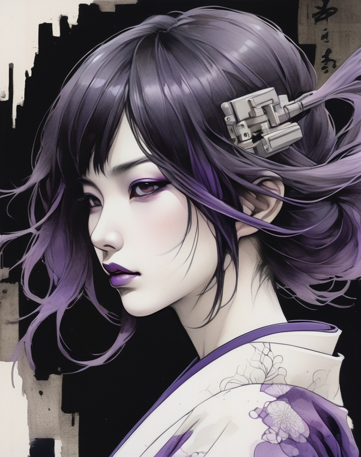 Prompt: profile of a beautiful Japanese woman in the style of sumi-e, sumi-e tapes Quanta in the style of precisionist lines, dystopian realism, trompe - l'œil illusionistic detail, detailed renderings, dark white and dark purple, ghostcore, comic art, dystopian realism, illusionistic detail, dark white and dark purple, ghostcore, comic art, Japanese imagery 