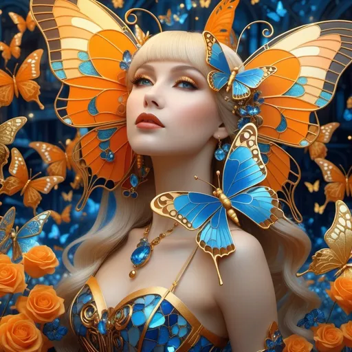 Prompt: symphonic, butterfly of enchanted blue csi xsi, in the style of vray tracing, decorative art nouveau elements, bella kotak, light gold and orange, victor nizovtsev, fantastical contraptions, close-up 